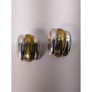 Repoussé Half Moon Earrings Gold Tone Brass 925 Sterling Silver Laton Mexico